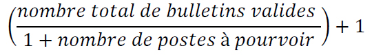 nombre total de bulletins valides divié par la somme de un et le nombre de postes à pourvoir, ajouter un au résultat