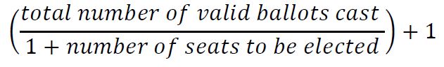 the total number of votes received by the elected candidate divided by the sum of one and the number of seats to be elected, result plus one