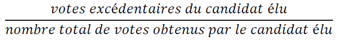 votes excédentaires du candidat élu divisé par le nombre total de votes obtenus par le candidat élu