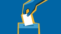 An illustration of a hand placing a ballot into a ballot box